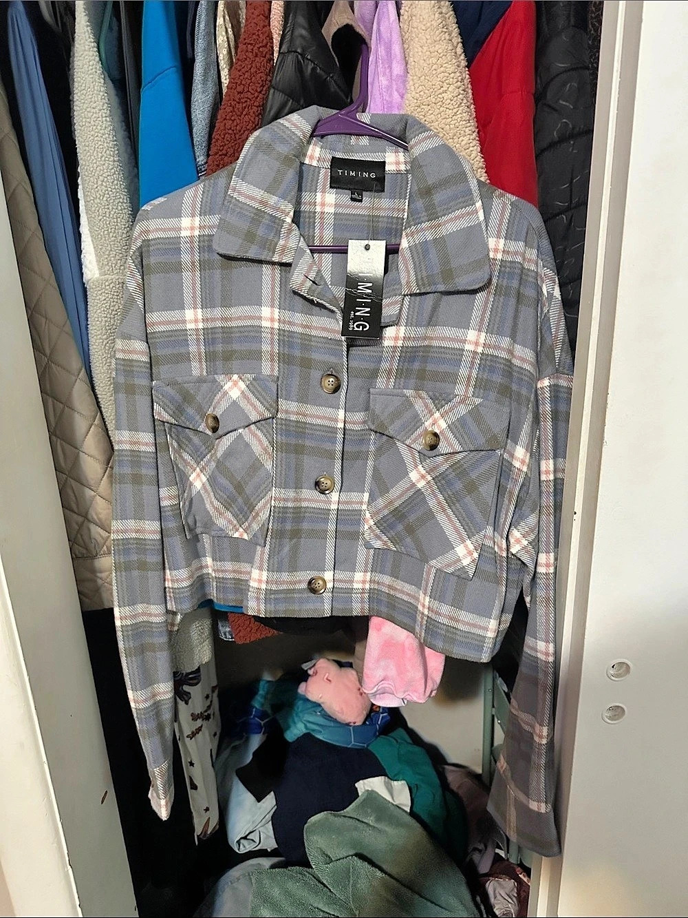 TIMING Plaid Cropped Jacket in Gray & White NWT